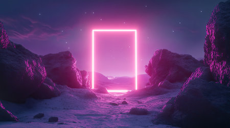 A stunning neon doorway illuminated in pink light stands amidst a rocky landscape at night. The surreal scene invites viewers to imagine otherworldly adventures beyond the portal.の素材