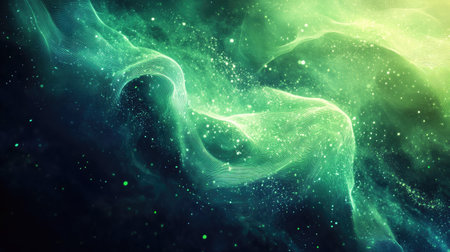 This captivating abstract image features ethereal green light waves flowing gracefully through a cosmic background, creating a serene and enchanting atmosphere.の素材