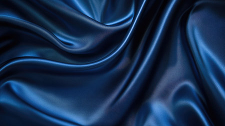 A close-up of smooth dark blue silk fabric elegantly draped, showcasing rich textures and soft sheen. Ideal for design, fashion, and photography projects.の素材