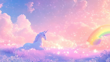 A serene unicorn rests in a dreamy pastel landscape, surrounded by clouds and a vibrant rainbow. This magical scene evokes feelings of tranquility and wonder.の素材