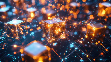 Intriguing abstract design featuring glowing cubes interconnected by luminous lines, showcasing a vibrant digital network in a futuristic environment.の素材