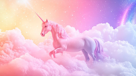 A majestic unicorn stands in a vibrant and colorful cloudy sky, surrounded by pastel hues and a sparkling rainbow, evoking a sense of magic and wonder.の素材