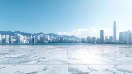 A breathtaking urban landscape featuring a modern skyline against a clear blue sky, complemented by a reflective marble floor. Ideal for travel and architecture themes.の素材