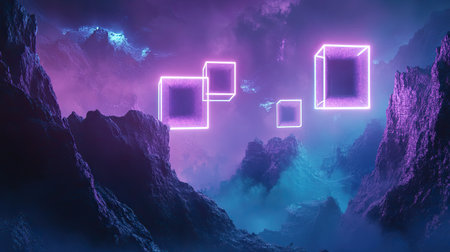A mesmerizing futuristic landscape featuring glowing neon cubes suspended over mystical mountains shrouded in fog, creating an ethereal atmosphere.の素材