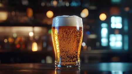 A refreshing glass of golden beer filled with bubbles and foam rests on a wooden bar table, capturing the essence of a cozy night out. Ideal for beverage themes.の素材