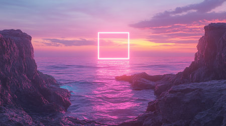 Experience the calm of a tranquil ocean at sunset framed in neon pink. This stunning scene captures the beauty of nature with vivid colors.の素材