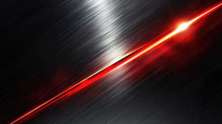 This abstract metallic background features a striking red light strip, creating a vibrant contrast against a smooth surface, perfect for modern design projects.の素材