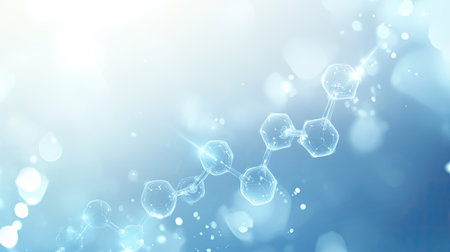 Vibrant abstract representation of molecular structures against a blue background, featuring soft lighting and sparkles. Ideal for science and technology themes.の素材