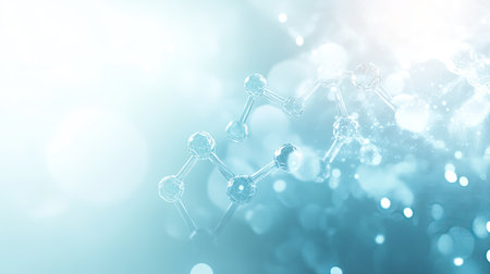 An abstract representation of a molecular structure with a soft blue background and vibrant bokeh effects, ideal for scientific and medical themes.の素材