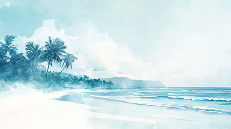 A serene tropical beach landscape featuring soft blue tones, gentle waves, and lush palm trees. Perfect for evoking relaxation and tranquility in travel themes.の素材