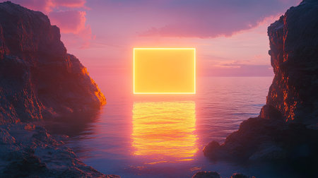 This captivating image features a vibrant neon square illuminating the calm ocean at sunset, surrounded by rocky formations, offering a serene and artistic visual.の素材