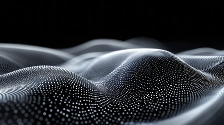 This abstract image showcases wave patterns created by light in a dark space. The design features dotted textures and fluid forms, exuding a modern and dynamic feel.の素材
