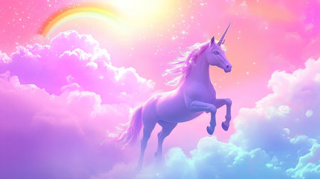 A stunning unicorn leaps joyfully through soft pastel clouds, illuminated by sunlight and a colorful rainbow, creating a dreamy, whimsical atmosphere.の素材
