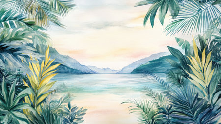 Experience a tranquil tropical landscape featuring lush foliage and calm waters. This beautiful watercolor scene captures the essence of nature's serenity and beauty.の素材