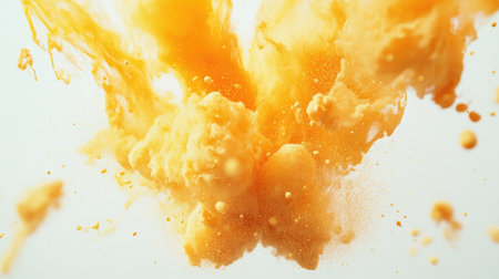 A stunning display of vibrant orange powder exploding against a clean white background, capturing a sense of energy and motion in an abstract composition.の素材