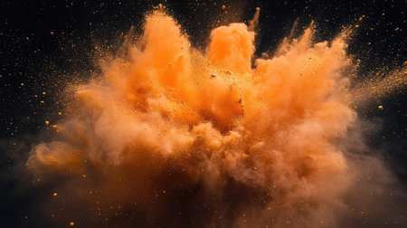 Captivating orange powder explosion creates dynamic energy against a dark background, showcasing vivid colors, dramatic movement, and abstract beauty.の素材