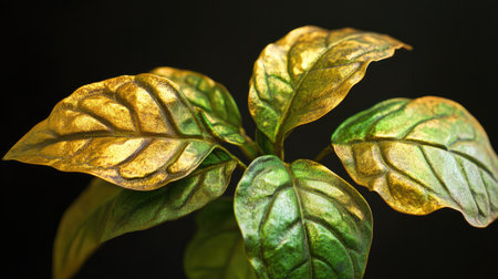 A stunning close-up of vibrant green and gold leaves showcasing intricate details and textures, perfect for enhancing indoor spaces with natural beauty and elegance.の素材