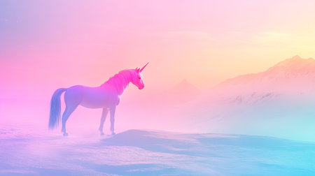 A stunning unicorn stands majestically in a pastel landscape, surrounded by mist, showcasing a surreal combination of colors at dawn. An enchanting scene for fantasy lovers.の素材
