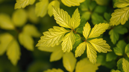 A close-up view of vibrant green leaves reflecting sunlight, showcasing the intricate textures and patterns in nature. Ideal for gardening and wellness themes.の素材