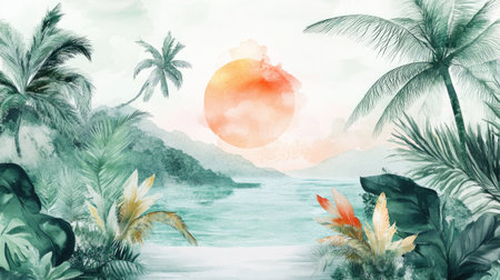 A stunning watercolor depiction of a tropical sunset featuring lush foliage and tranquil waters, capturing the essence of paradise and relaxation in natureの素材