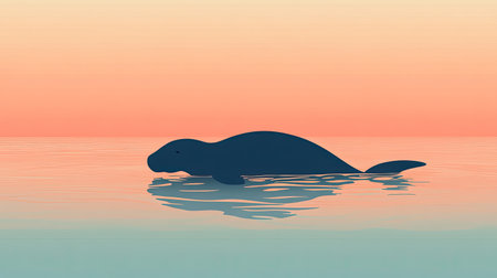 A serene silhouette of a manatee gracefully swimming in calm waters, with a beautiful sunset creating a tranquil atmosphere. Ideal for nature lovers.の素材