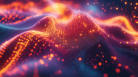 This image showcases abstract colorful waves intertwined with glowing particles and light effects, creating a dynamic and visually captivating atmosphere perfect for digital art.の素材