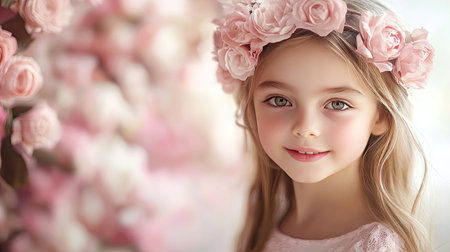A captivating portrait of a young girl with a floral crown, radiating innocence and joy. The background features soft pink hues, enhancing her beauty.の素材