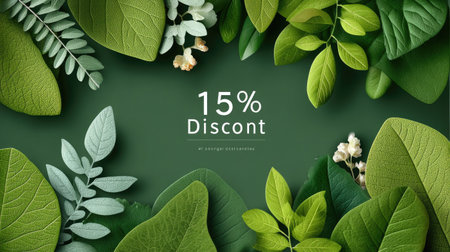 A vibrant green leaves frame surrounds a discount announcement. Perfect for promotions, this nature-inspired design enhances advertising with fresh and organic tones.の素材