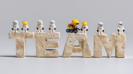 Unique depiction of teamwork with playful miniature figures celebrating unity on large letters. Perfect for illustrating collaboration, creativity, and workplace spirit.の素材