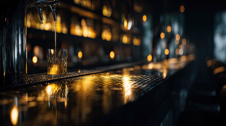 A beautifully arranged bar scene showcasing a crystal whiskey glass, softly lit by warm lights, creating an inviting and elegant atmosphere for social gatherings.の素材