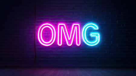 Bright neon sign featuring the text "OMG" in pink and blue colors against a dark wall, ideal for modern decor or vibrant advertising projects.の素材