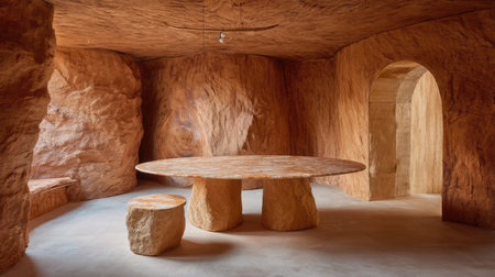 A serene and modern interior space featuring a stone table and minimalist design elements, offering an inviting atmosphere with natural textures and earthy colors.の素材