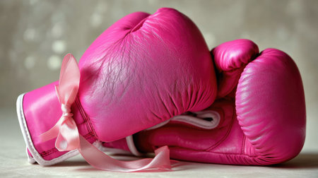 Vibrant pink boxing gloves adorned with a ribbon rest gently on a soft background, symbolizing strength and empowerment in women's fitness and training.の素材