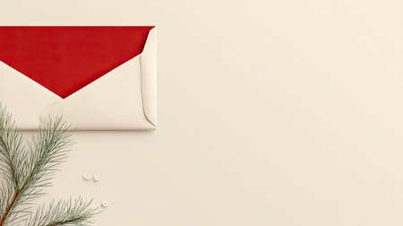 A captivating image featuring a festive envelope with a vibrant red lining alongside a delicate pine branch, creating a warm holiday atmosphere perfect for seasonal greetings.の素材