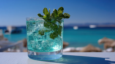 A vibrant cocktail featuring mint leaves gently placed atop ice cubes, set against a stunning turquoise sea. Perfect for summer relaxation and beach vibes.の素材
