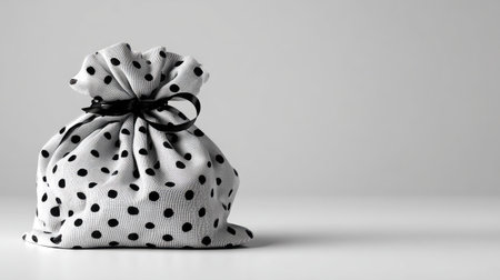 A chic polka dot fabric bag features a playful bow, set against a clean minimalist background. Ideal for conveying style and elegance in design projects.の素材