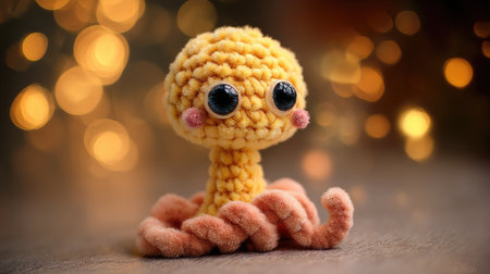 A delightful handcrafted yellow octopus toy with big eyes, perfect for children. This charming piece features soft textures and a whimsical design, ideal for decor.の素材