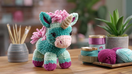 A vibrant plush unicorn toy sits on a wooden table surrounded by colorful yarn and crafting supplies, perfect for inspiring creativity and playfulness.の素材