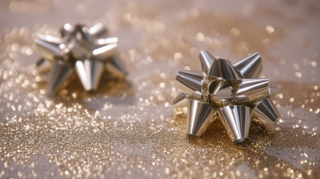 Two elegant silver gift bows rest on a shimmering gold background, creating a festive and joyful atmosphere perfect for celebrations or special occasions.の素材