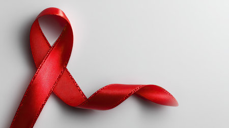 This image features a red awareness ribbon elegantly placed on a smooth gray background, symbolizing support for health campaigns and initiatives.の素材