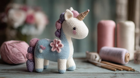 A charming handmade unicorn toy in soft pastel colors sits beside crafting supplies, perfect for inspiring creativity and adding a whimsical touch to any space.の素材