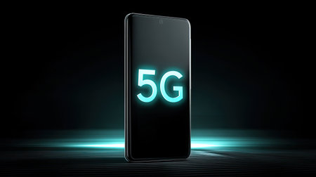 A sleek smartphone showcases 5G technology against a dark backdrop. This image highlights modern connectivity and the future of mobile communication in an innovative design.の素材