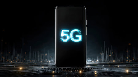 A sleek smartphone displays the glowing 5G symbol against a dark, digital landscape. This image represents the cutting-edge technology of wireless communication, highlighting innovation and speed.の素材