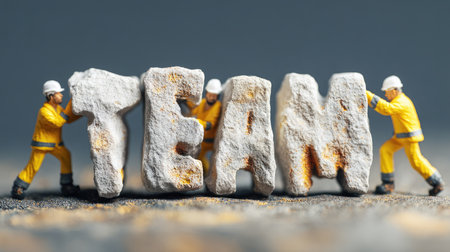 Miniature figures demonstrate teamwork by assembling large letters spelling "TEAM." This image symbolizes collaboration and unity in a professional setting.の素材