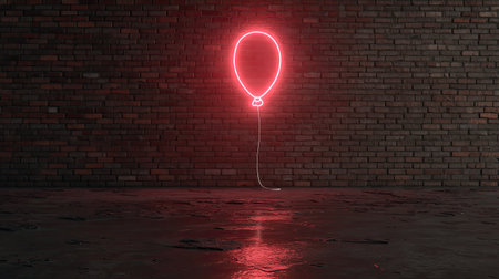 A vibrant neon balloon light casts a warm glow against a textured brick wall, creating an inviting atmosphere perfect for modern decor or festive events.の素材