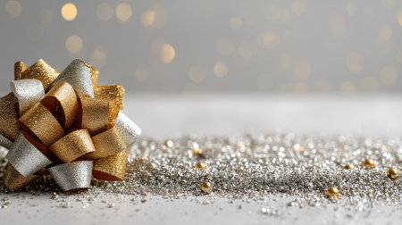 A beautifully arranged gift bow in gold and silver sits elegantly on a shimmering surface, enhancing the festive atmosphere with sparkling details.の素材