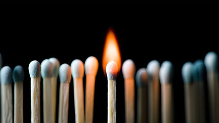 A striking image of a single ignited matchstick surrounded by unlit matches on a black background, symbolizing light and potential in darkness.の素材