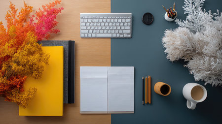 A vibrant office workspace featuring notebooks, colorful flowers, and a cup of coffee. Ideal for showcasing productivity and creativity in a modern setting.の素材