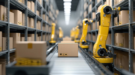 A futuristic warehouse scene showcasing advanced robotic arms in action, efficiently processing and sorting packages on a conveyor belt, symbolizing innovation in logistics.の素材