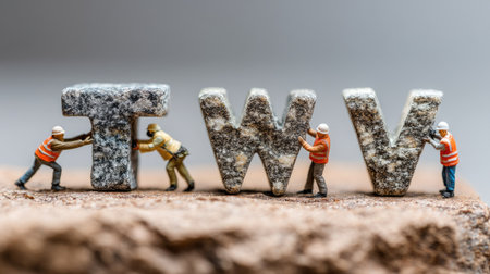 Miniature workers engage in a creative scene, moving stone letters for a unique artistic concept. Ideal for themes of teamwork, labor, and creativity.の素材